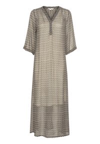 Robe légère à motifs dans des tons neutres avec un design en chevrons, décolleté en V et manches mi-longues, présentant une coupe décontractée.