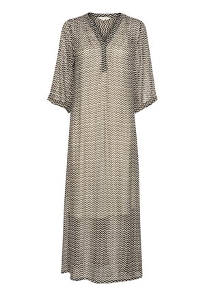 Lätt, mönstrad klänning i neutrala toner med zigzagdesign, V-hals och ärmar som går till armbågen, med en avslappnad passform.