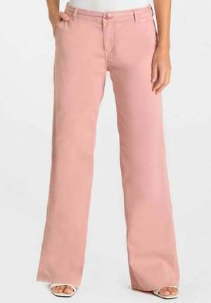 Lichtroze broek met wijde pijpen, een gladde textuur en een klassieke tailleband met knoopsluiting. Voorzien van zijzakken en heeft een enkellengte.