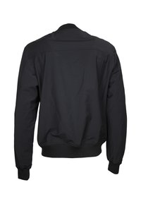 Schwarze Bomberjacke aus glattem, leichtem Material. Mit gerippten Bündchen und Saum sowie einem klassischen, runden Kragen. Rückansicht gezeigt.