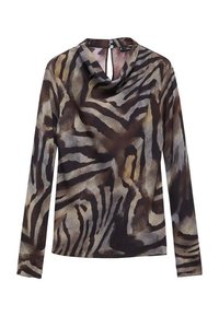 Long-sleeve top with a draped cowl neck, featuring a brown and black animal print pattern, made of lightweight fabric. Back keyhole closure.