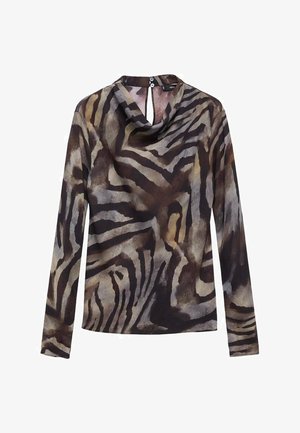 Bluză cu mâneci lungi și guler drapat, având un model de imprimeu animalier în nuanțe de brun și negru, confecționată dintr-un material ușor. Închidere la spate cu cheiță.
