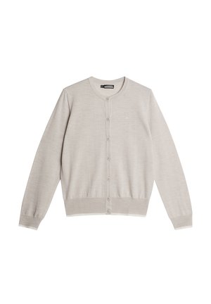 Hellgrau Cardigan aus weichem Stoff, mit Rundhalsausschnitt, Knopfverschluss und langen Ärmeln mit Rippbündchen und -saum.