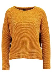 Strukturierter, senfgelber Pullover mit lockerem Sitz, rundem Ausschnitt und langen Ärmeln. Gerippte Bündchen und Saum verleihen Details.