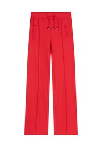 Rode, wijde broek gemaakt van zachte stof, met een drawstring tailleband en twee voorzakken met minimale details.