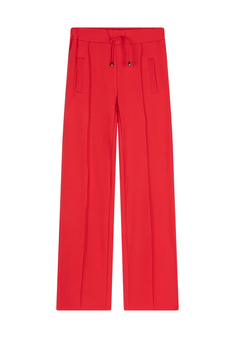 Rode, wijde broek gemaakt van zachte stof, met een drawstring tailleband en twee voorzakken met minimale details.