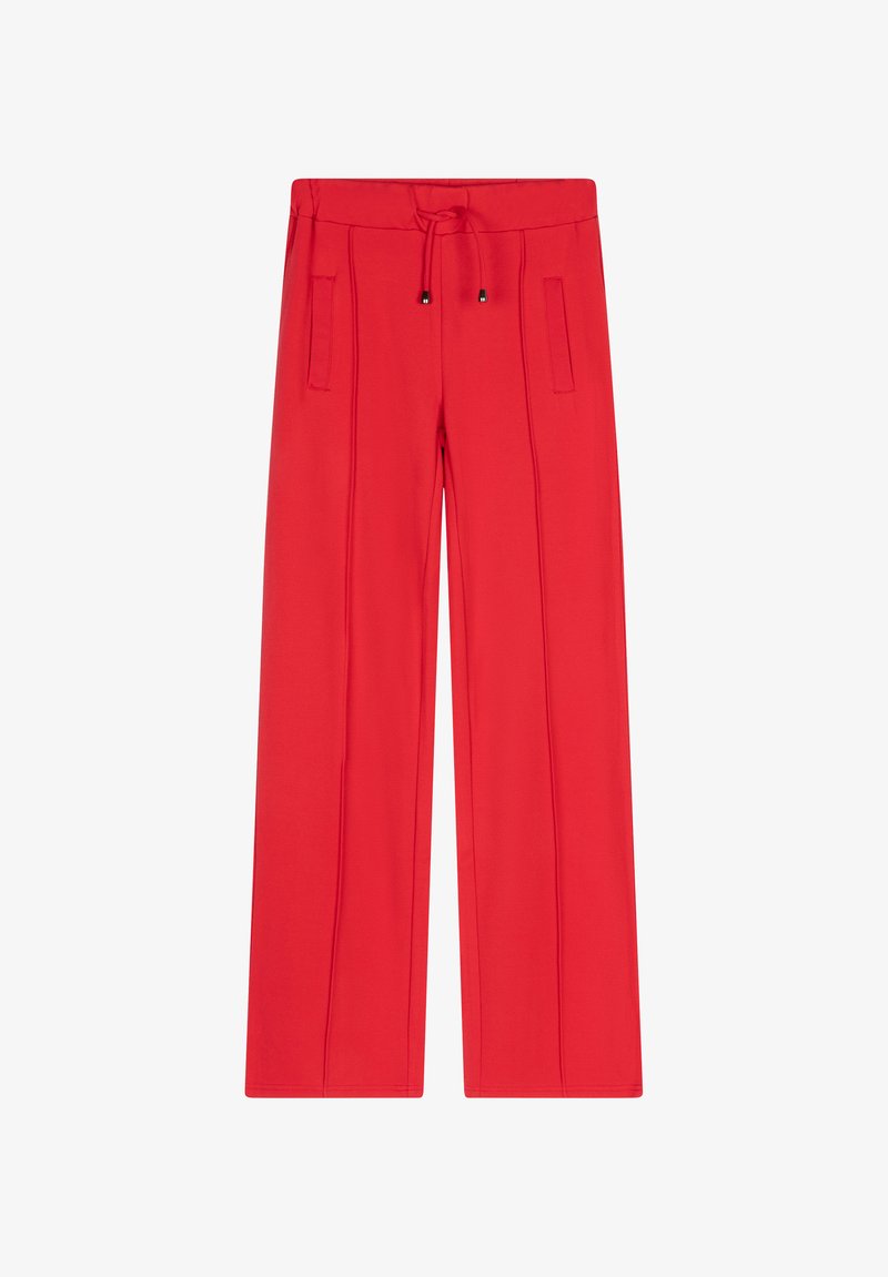 Czerwone, szerokie spodnie wykonane z miękkiego materiału, z elastycznym pasem na sznurki i dwiema przednimi kieszeniami o minimalnym wykończeniu.