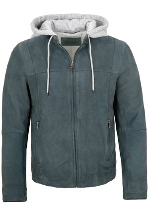 Blau-graue Jacke mit Reißverschluss, zwei Reißverschlusstaschen und anhaftender hellgrauer Kapuze mit weißen Kordeln.