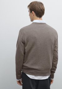 Brauner Strickpullover mit Rundhalsausschnitt, langen Ärmeln und gerippten Bündchen. Getragen über einem weißen Hemd mit Kragen, strukturiertem Stoff und lässiger Passform.