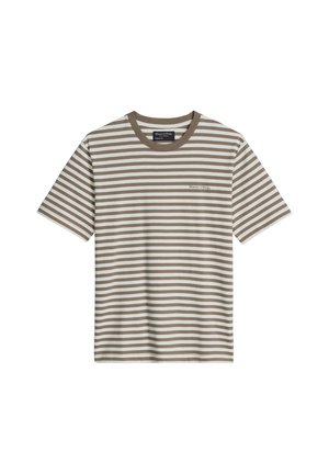 Beiges und weiß gestreiftes T-Shirt mit kurzen Ärmeln und Rundhalsausschnitt, mit "Marc O'Polo"-Logo auf der linken Brust.