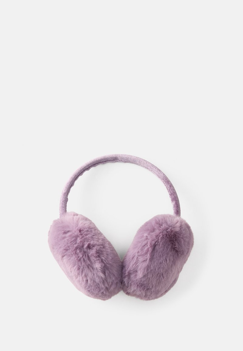 Cuffie in pile viola con una texture morbida e pelosa e una fascia per la testa rivestita in tessuto abbinata. Design compatto per una facile indossabilità e stoccaggio.