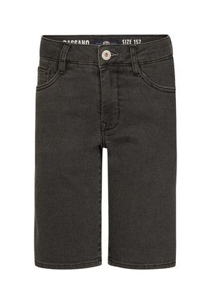 Donkere grijze denim shorts met een rechte pasvorm, een ontwerp met vijf zakken, metalen knoopsluiting en verstevigde stiksels langs de zoom. Maat 152.