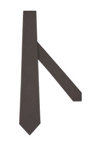 Hnedá kravata s geometrickým vzorom v tvare včeličieho plástu, s úzkym dizajnom a hladkou textúrou. Špička je špicatá a zadná strana je hladká.