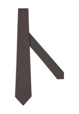 Braune Krawatte mit einem geometrischen Wabenmuster, schmaler Form und glatter Textur. Die Spitze ist zugespitzt und die Rückseite ist schlicht.