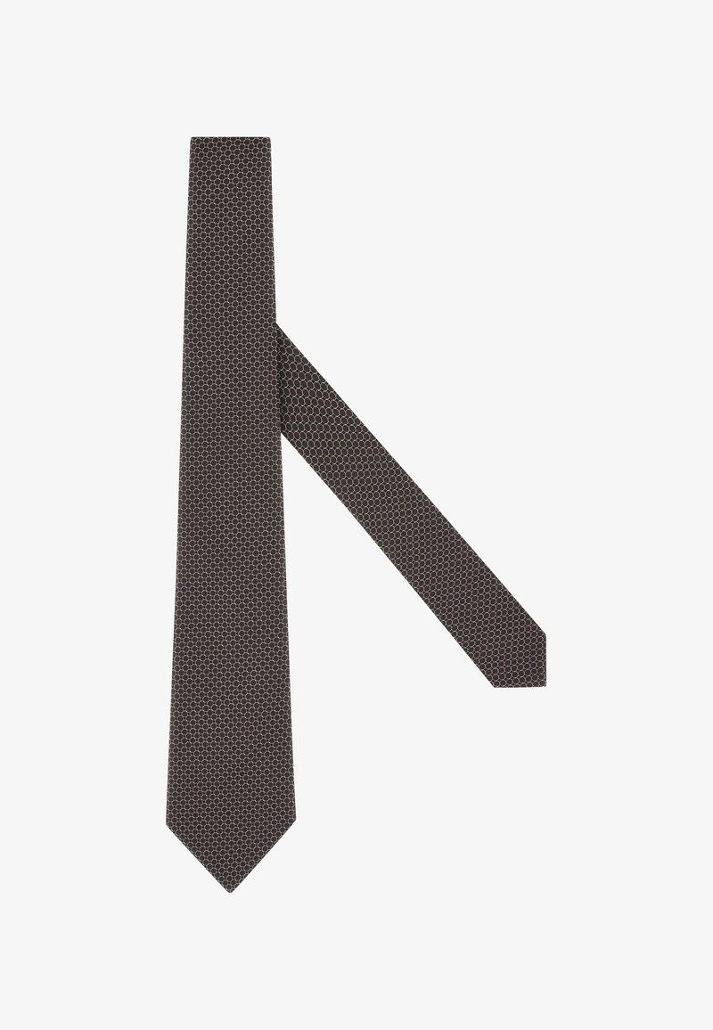 Hnedá kravata s geometrickým vzorom v tvare včeličieho plástu, s úzkym dizajnom a hladkou textúrou. Špička je špicatá a zadná strana je hladká.