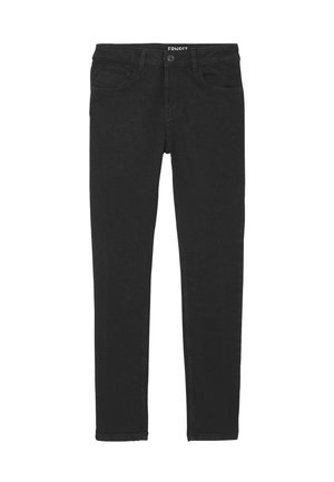 Jean skinny noir en denim. Dispose de cinq poches, d'une braguette zippée et d'une fermeture par bouton. Design épuré sans motifs ni accents.