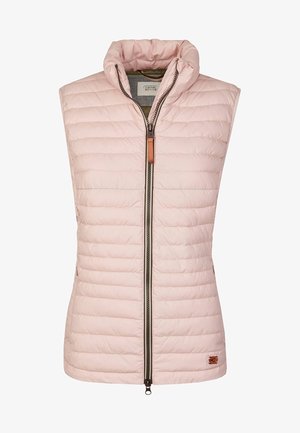 Lichtroze gevoerde vest met een hoge kraag, voorrits en leren details. Kenmerkt zich door horizontale stiksels voor textuur en een logo-label aan de zoom.