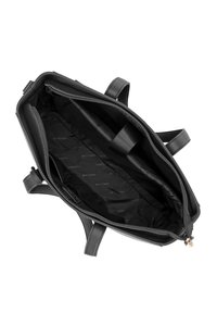 Schwarze Lederhandtasche mit einem Reißverschlussverschluss, ausgestattet mit einem mit Stoff gefütterten Innenraum, Innenfächern und verstärkten Griffen.