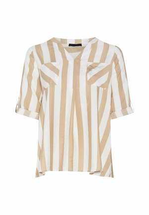 Beige en wit gestreepte blouse met verticale strepen, V-hals, twee borstzakken en opgerolde driekwartmouwen.