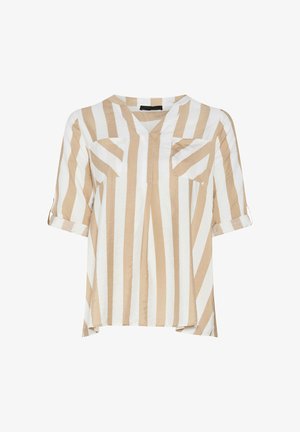 Beżowa i biała bluzka w pionowe paski z dekoltem w serek, dwoma kieszeniami na piersi oraz podwiniętymi rękawami o długości do łokcia.