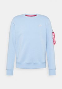 Felpa azzurra chiara in cotone morbido, con maniche lunghe, colletto rotondo e un’etichetta decorativa rosa sulla manica sinistra con del testo.