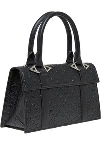 Schwarze geprägte Lederhandtasche mit strukturiertem Design, ausgestattet mit zwei runden Griffen und dreieckigen Metallakzenten auf der Vorderseite.