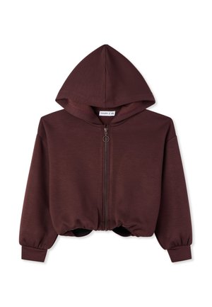 Brązowa krótka bluza z kapturem na suwak, z długimi rękawami, elastycznymi mankietami i kapturem, przedstawiona na białym tle.
