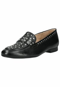 Schwarze Lederloafers mit einem Nietenmuster auf dem Obermaterial und an den Seiten. Runde Zehenform und niedriger flacher Absatz, entworfen für Komfort und Stil.