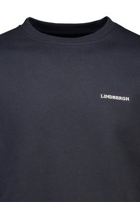 Sudadera de algodón de color marino con cuello redondo y cuello acanalado; presenta un bordado blanco de "LINDBERGH" en el lado izquierdo. Textura suave.