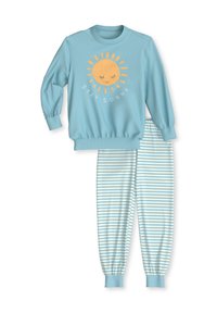 Lichtblauwe sweatshirt met zonafbeelding en "STAY SUNNY" tekst. Bijpassende gestreepte broek in lichtblauw en wit. Zachte stof, elastische manchetten.