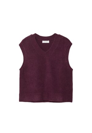 Veste sans manches en tricot violet foncé avec col en V et ourlet et emmanchures côtelés, posée à plat sur un fond blanc.