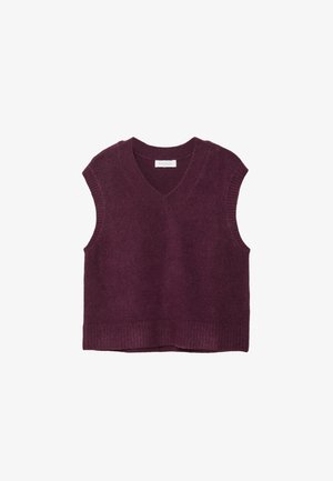 Veste sans manches en tricot violet foncé avec col en V et ourlet et emmanchures côtelés, posée à plat sur un fond blanc.