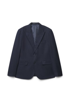 Blazer homme bleu marine avec revers crantés, deux boutons devant, poches à rabat et une poche poitrine passepoilée, posé à plat sur fond blanc.
