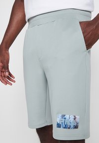 Shorts vert clair en tissu lisse et extensible. Comprend une patch avec un motif marbré bleu et marron sur la cuisse gauche.