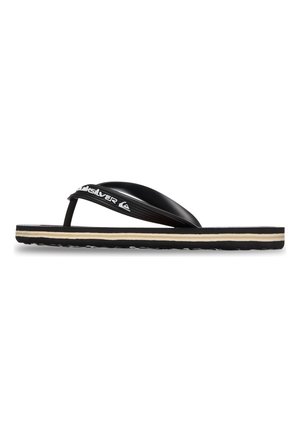 Schwarz-beige gestreifte Flip-Flop-Sandale mit strukturierter Sohle und breitem schwarzem Riemen mit weißem Quiksilver-Logo.