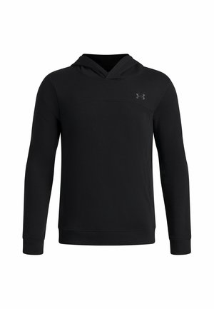 Black long-sleeve Under Armour hoodie with attached hood and small logo on the upper chest, shown front-facing on a white background.