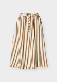 Μπέζ φούστα με κάθετες καφέ ρίγες, ελαστική μέση και κορδόνι στο μπροστινό μέρος, μήκος μέχρι το γόνατο με χαλαρή, αέρινη εφαρμογή.