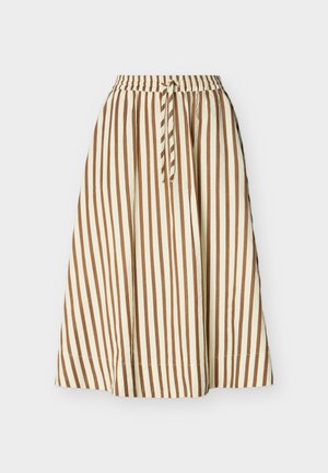 Beiger Rock mit vertikalen braunen Streifen, elastischem Bund und vorderer Bindedetail, knielang mit lockerem, fließendem Sitz.