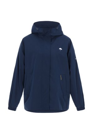 Granatowa wodoodporna kurtka z zamkiem błyskawicznym z przodu, elastycznymi mankietami i regulowanym kapturem. Posiada biały logo parasola oraz boczne kieszenie.