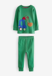 Grünes Langarm-Oberteil und Hose Set für Kinder, das Oberteil zeigt eine bunte Applikation eines Bagger-LKWs in Blau, Rot und Orange.