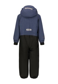 Combinaison de neige pour enfant avec une partie supérieure texturée bleue et une partie inférieure noire. Comprend une capuche, des poignets élastiques et un patch logo réfléchissant.
