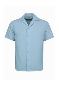 Lichtblauw overhemd met korte mouwen, voorzien van een gestructureerd patroon, een notch-kraag en zes knopen aan de voorkant; casual pasvorm, gladde stof.