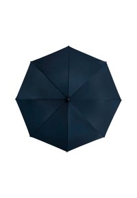 Parapluie bleu marine foncé avec une forme octogonale, surface en tissu lisse et un bouton central pour le mécanisme d'ouverture et de fermeture.