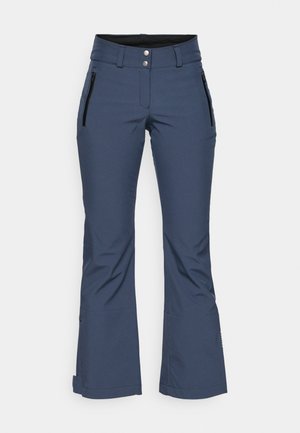 Marineblaue Outdoor-Hosen aus flexiblem Material, mit hoher Taille, zwei seitlichen Reißverschlusstaschen und einem ausgestellten Design am Saum.