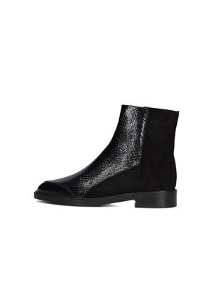 Black ankle boots featuring a shiny reptile-patterned leather front and soft suede sides, with a low block heel and round toe design.