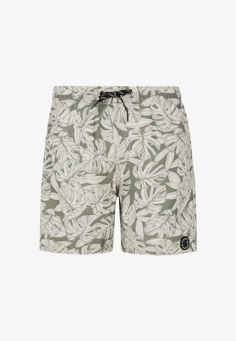 Žalios maudymosi šortai su balta tropine lapų rašo, elastinga juostos su juodu raišteliu ir juodu apvaliu logotipo akcentu.