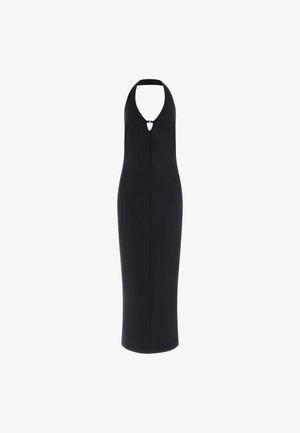 Schwarzes Halfterkleid mit tiefem V-Ausschnitt, figurbetonter Silhouette und einem kleinen Ausschnitt am Brustbereich. Glattes, dehnbares Material.
