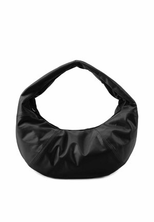 Borsa hobo in pelle nera con una texture morbida e liscia, silhouette curva e una larga tracolla. Presenta dettagli arricciati e accenti di cucitura.