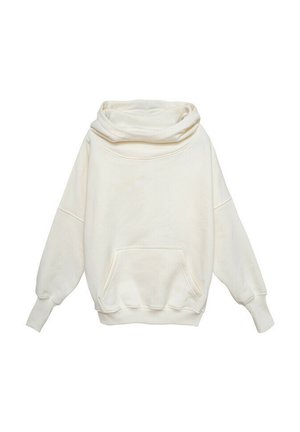Kremowy, oversize'owy kaptur z dużą przednią kieszenią i luźnymi, długimi rękawami na białym tle.