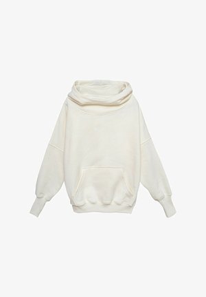 Kremowy, oversize'owy kaptur z dużą przednią kieszenią i luźnymi, długimi rękawami na białym tle.
